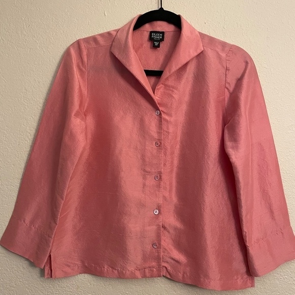 EILEEN FISHER Petite Women's Textured Crinkle 100% Silk 3/4 Sleeve Button Top PP - Picture 5 of 13